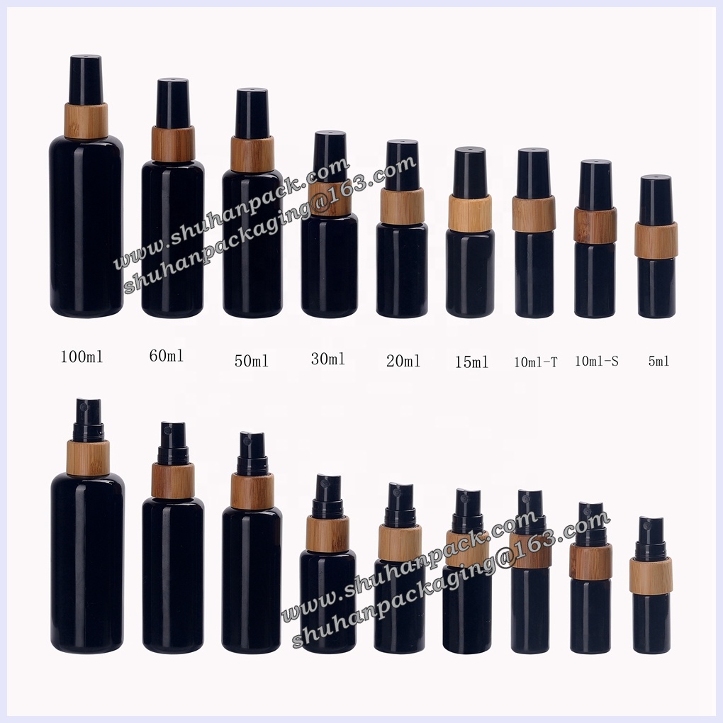 100ml violet black glass bottle empty cosmetic packaging 100 ml black essential oil bottle with bamboo wood fine mist sprayer