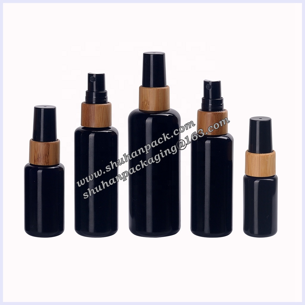 100ml violet black glass bottle empty cosmetic packaging 100 ml black essential oil bottle with bamboo wood fine mist sprayer