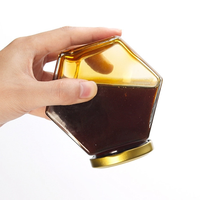 100ml180ml280ml380ml hexagon shape glass honey jar with metal cap