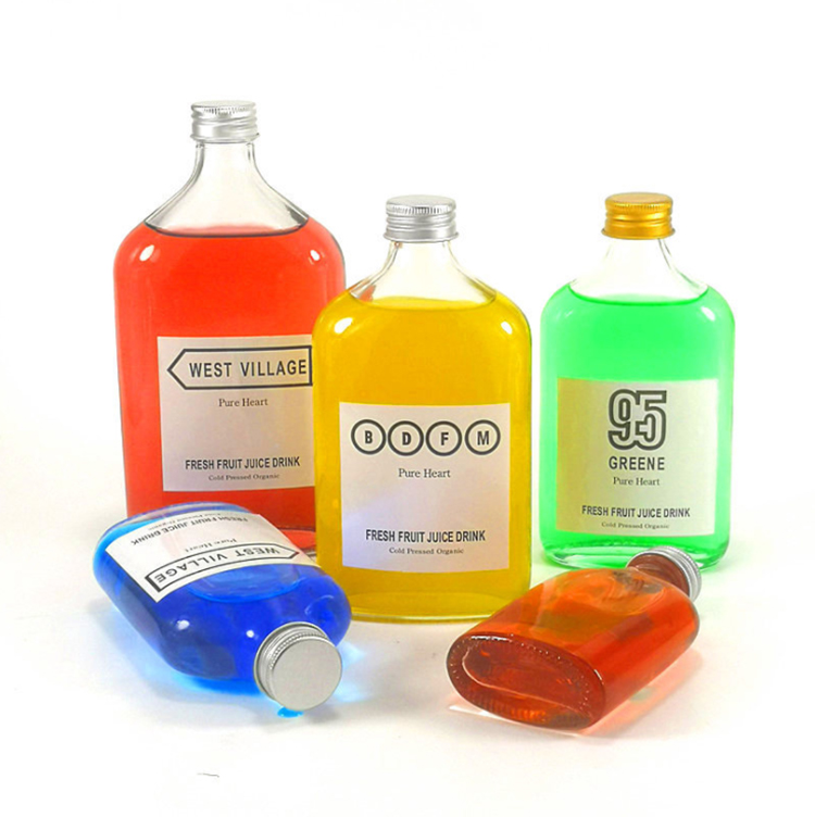 100ml200ml250ml350ml500ml intense flat flask liquor beer glass bottle cold beverage juice clear glass bottle with aluminum cap