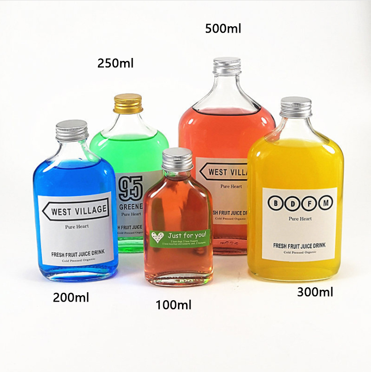 100ml200ml250ml350ml500ml intense flat flask liquor beer glass bottle cold beverage juice clear glass bottle with aluminum cap