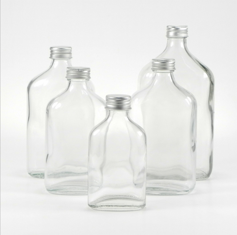 100ml200ml250ml350ml500ml intense flat flask liquor beer glass bottle cold beverage juice clear glass bottle with aluminum cap