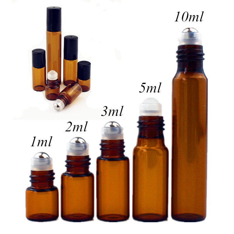 100pcs/lot 1ml 2ml 3ml 5ml 10m Amber Glass Roll on Bottle with Glass/Metal Ball Brown Thin Glass Roller Essential Oil Vials
