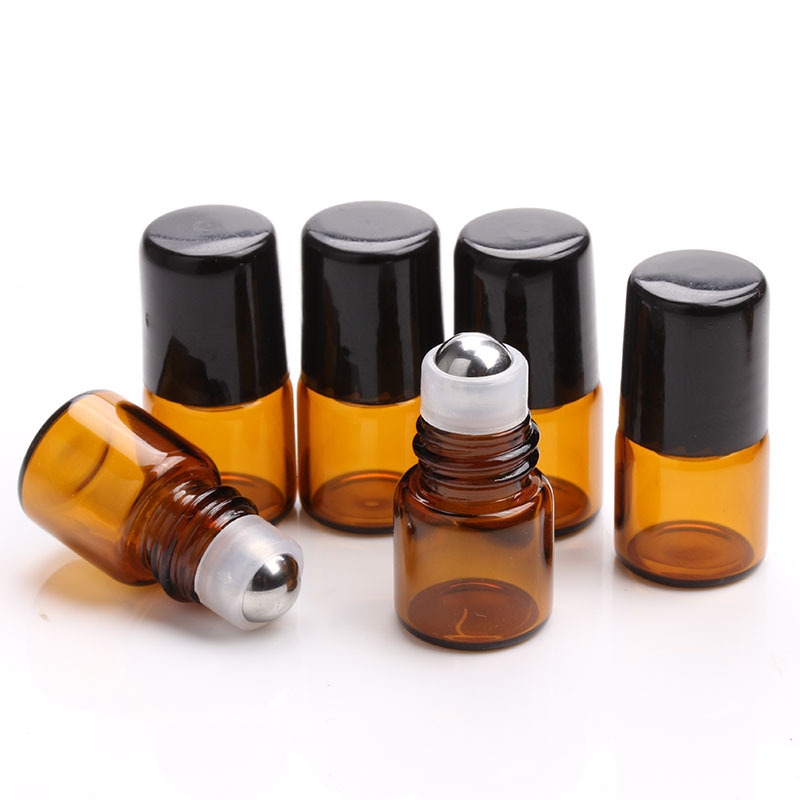 100pcs/lot 1ml 2ml 3ml 5ml 10m Amber Glass Roll on Bottle with Glass/Metal Ball Brown Thin Glass Roller Essential Oil Vials