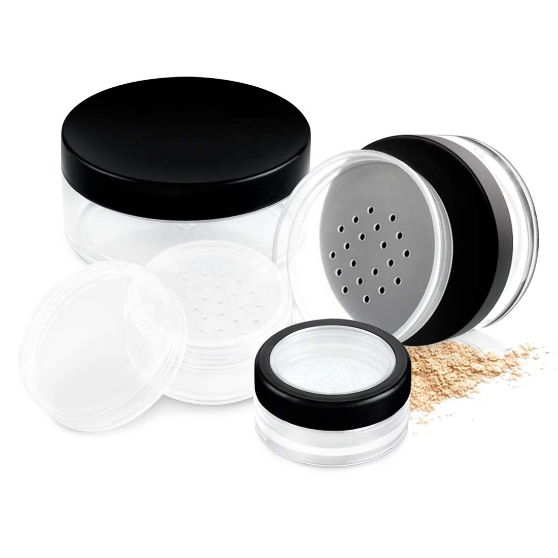 10G 30G 50G Plastic Empty Powder Puff Case 50ml Makeup Case Travel Kit Makeup Cosmetic Jars Containers With Sifter and Lids