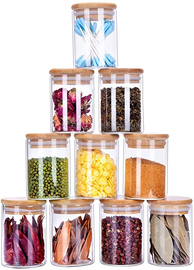10Pcs Set Clear Leakproof Glass Jars Canisters With Bamboo Lids For Home Kitchen Storage