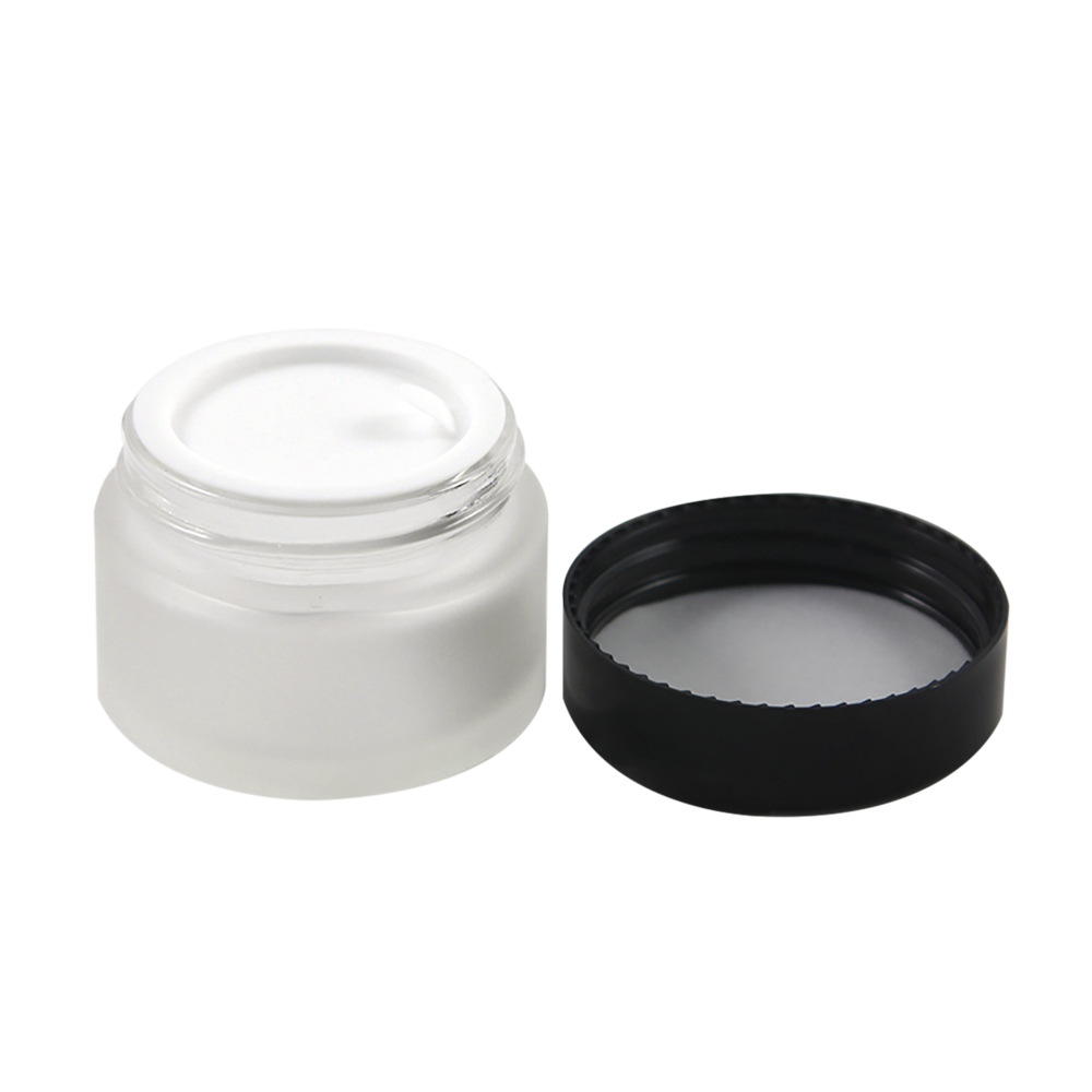 10g 15g 30g 50g matte white glass cream jar with black plastic screw cap, from china cosmetic packaging of suppliers