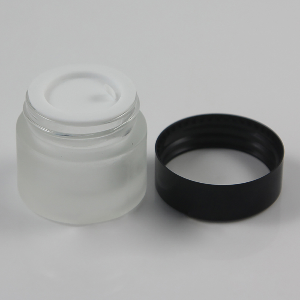 10g 15g 30g 50g matte white glass cream jar with black plastic screw cap, from china cosmetic packaging of suppliers