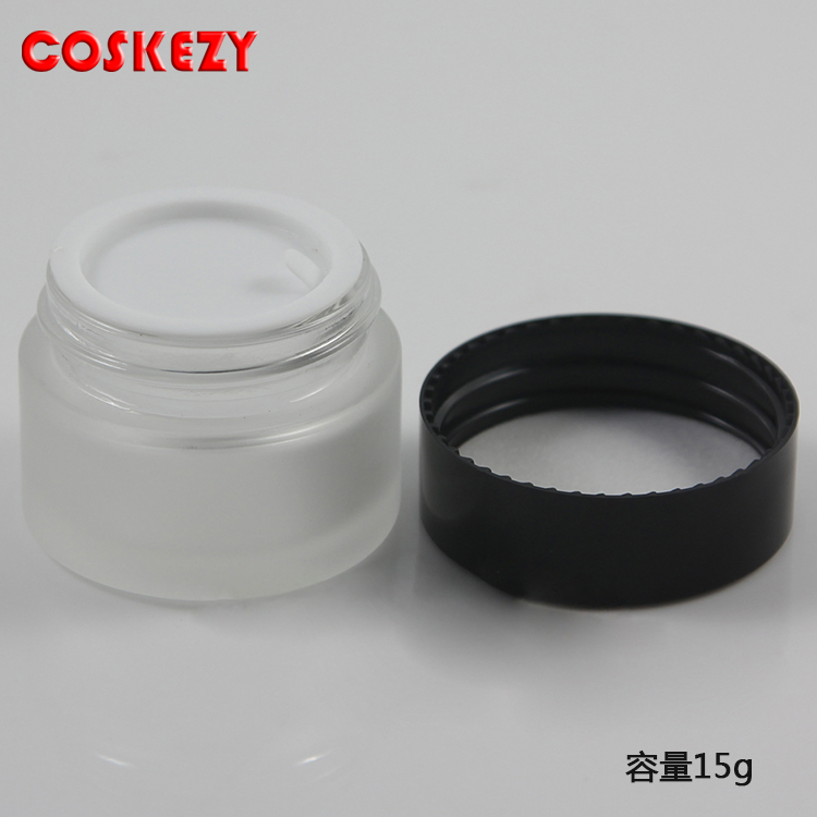 10g 15g 30g 50g matte white glass cream jar with black plastic screw cap, from china cosmetic packaging of suppliers