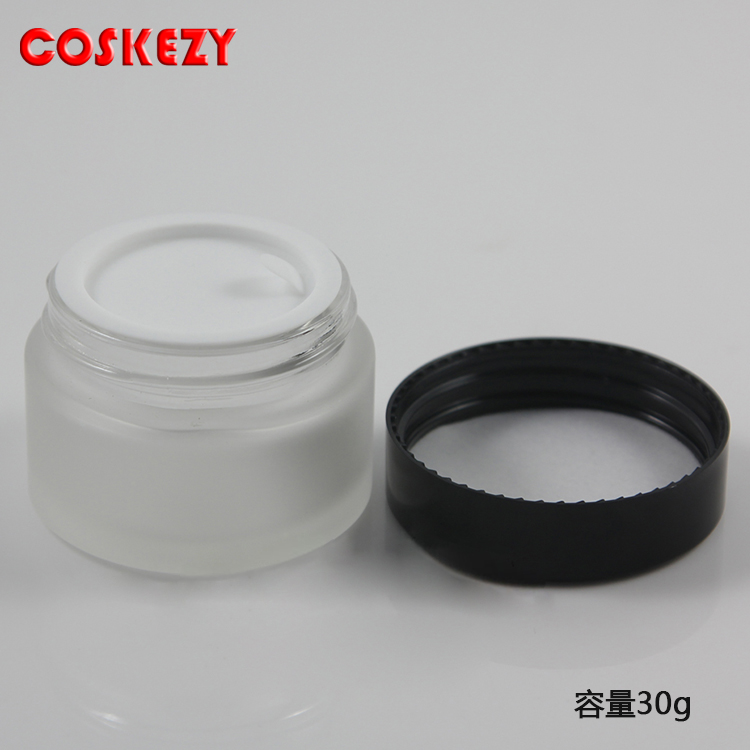 10g 15g 30g 50g matte white glass cream jar with black plastic screw cap, from china cosmetic packaging of suppliers
