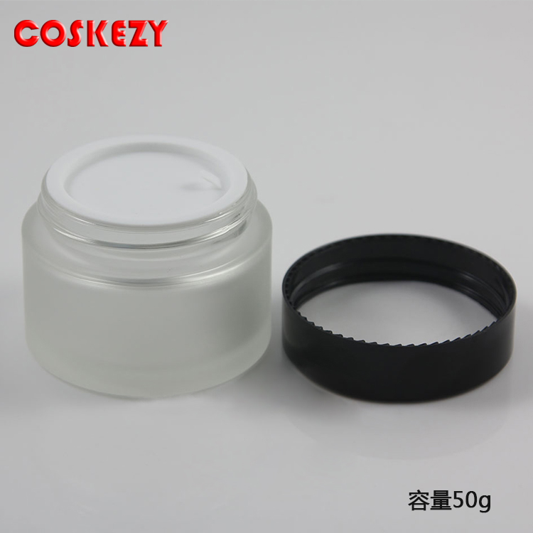 10g 15g 30g 50g matte white glass cream jar with black plastic screw cap, from china cosmetic packaging of suppliers
