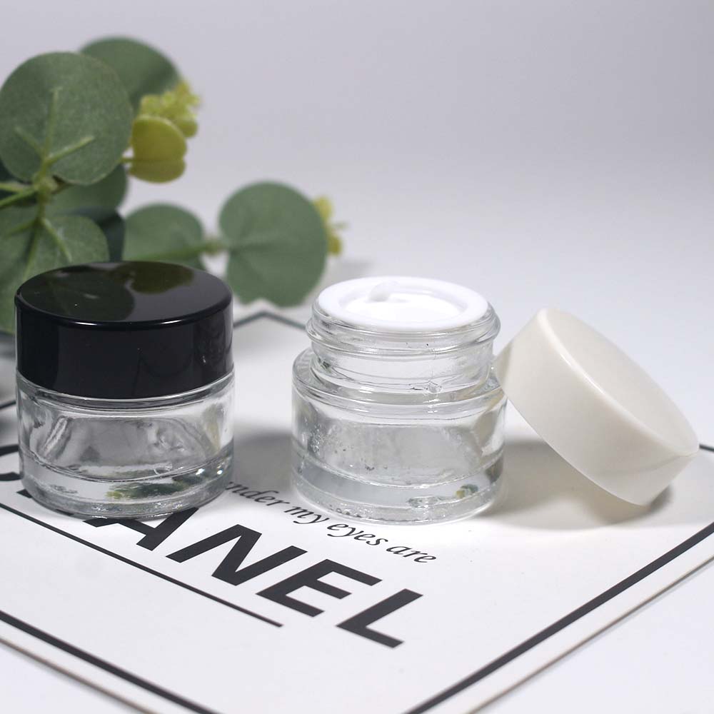 10g clear glass cream jar with black cap white cap eye/face cream container