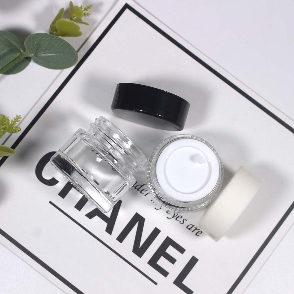 10g clear glass cream jar with black cap white cap eye/face cream container
