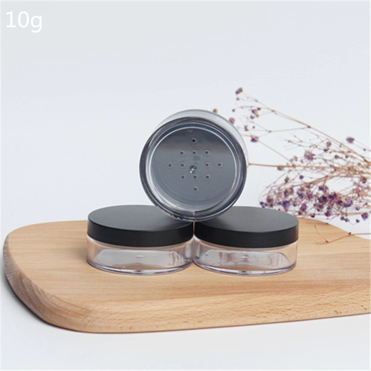 10g plastic Loose Powder Jar, clear empty cosmetic container with black cap