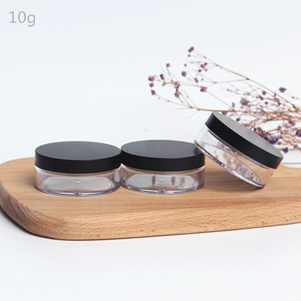 10g plastic Loose Powder Jar, clear empty cosmetic container with black cap