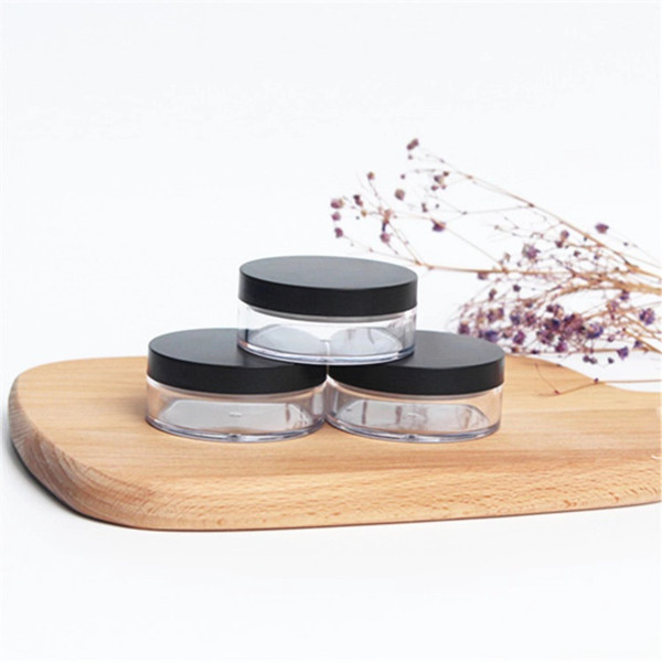 10g plastic Loose Powder Jar, clear empty cosmetic container with black cap