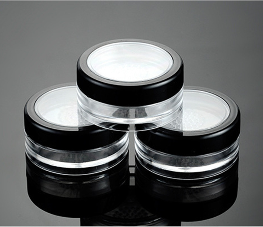 10g plastic loose powder jar with black rim window, 10ml glitter powder container with sifter