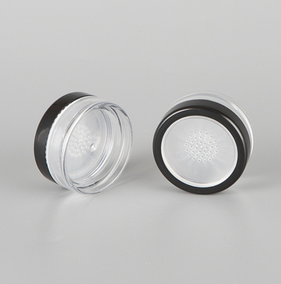 10g plastic loose powder jar with black rim window, 10ml glitter powder container with sifter