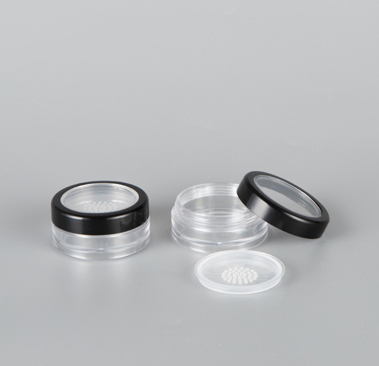 10g plastic loose powder jar with black rim window, 10ml glitter powder container with sifter