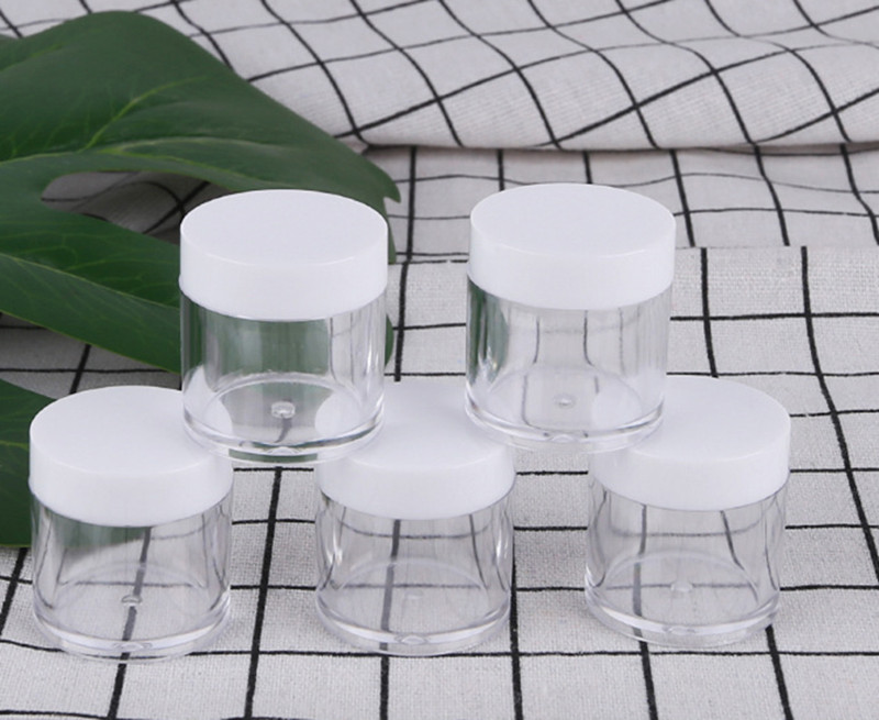 10g transparent plastic facial cream jar, 10g PS cosmetic glitter powder container with white black lid