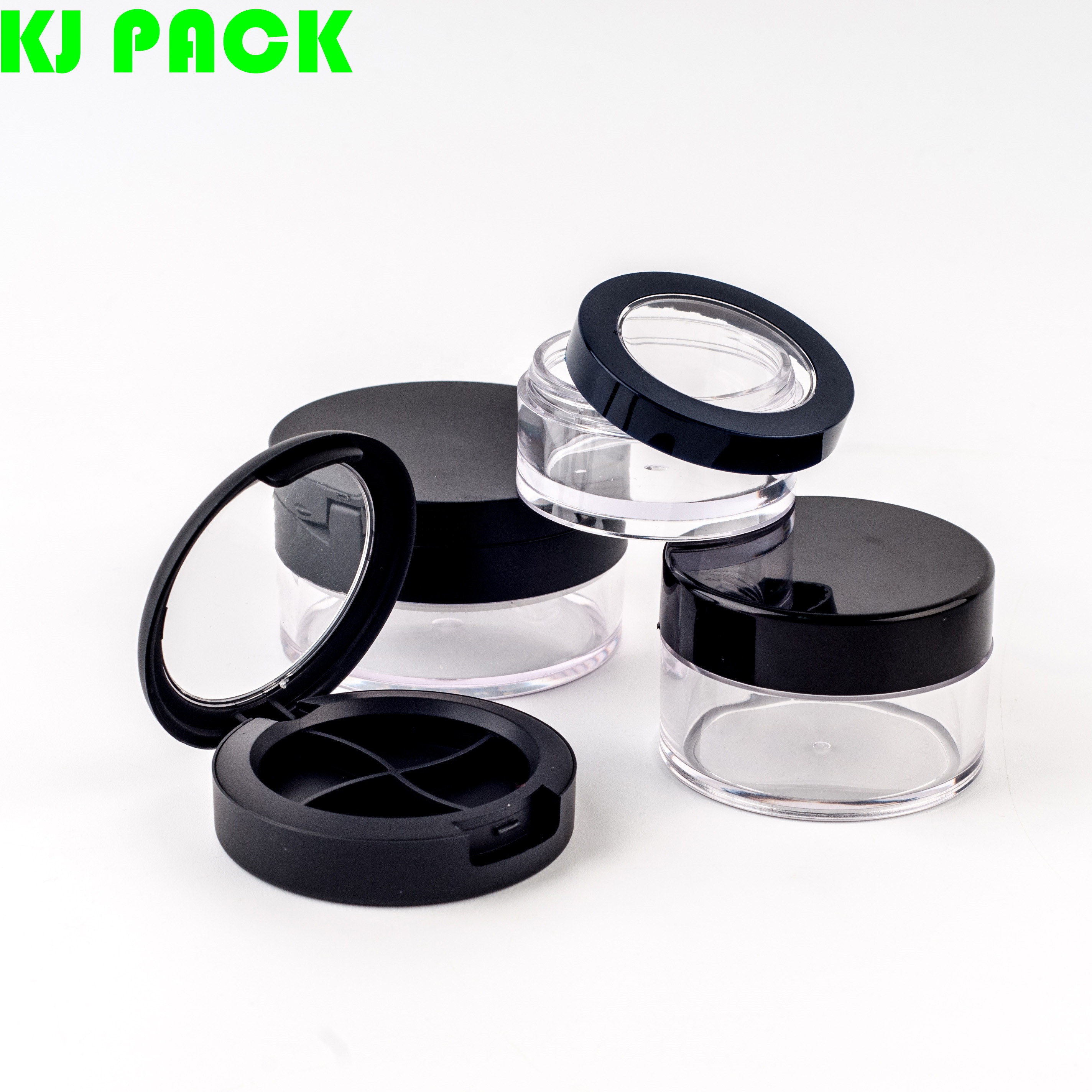 10g20g30g Hot sell round black plastic flip lid loose powder jar with powder puff and mirror makeup jar