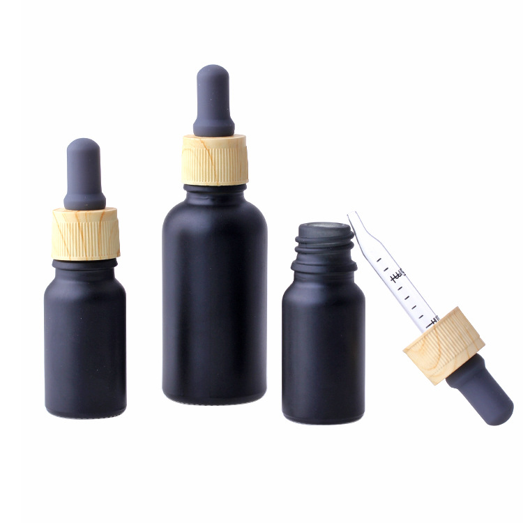 10m dumb black essential oil bottle grey rubber tip curved dropper with graduated 30mL wood grain dropper bottle