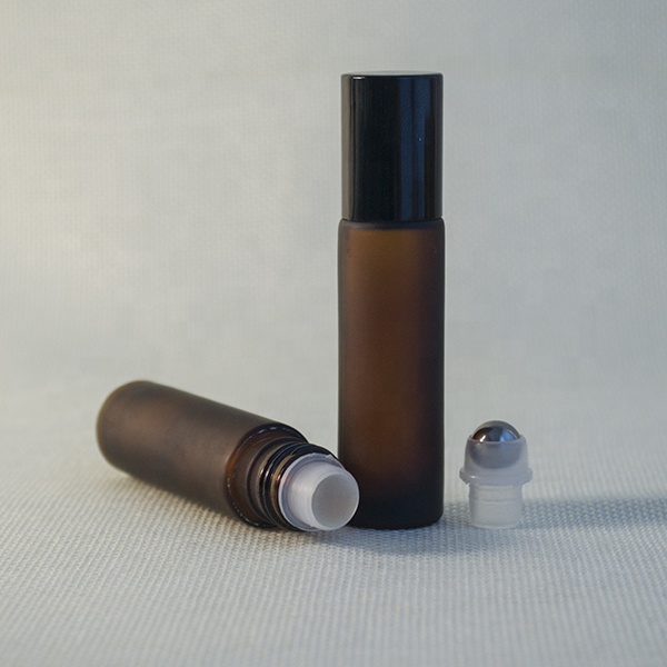 10ml 1/3 oz amber frosted essential oil glass roll on bottle with glass steel roller ball