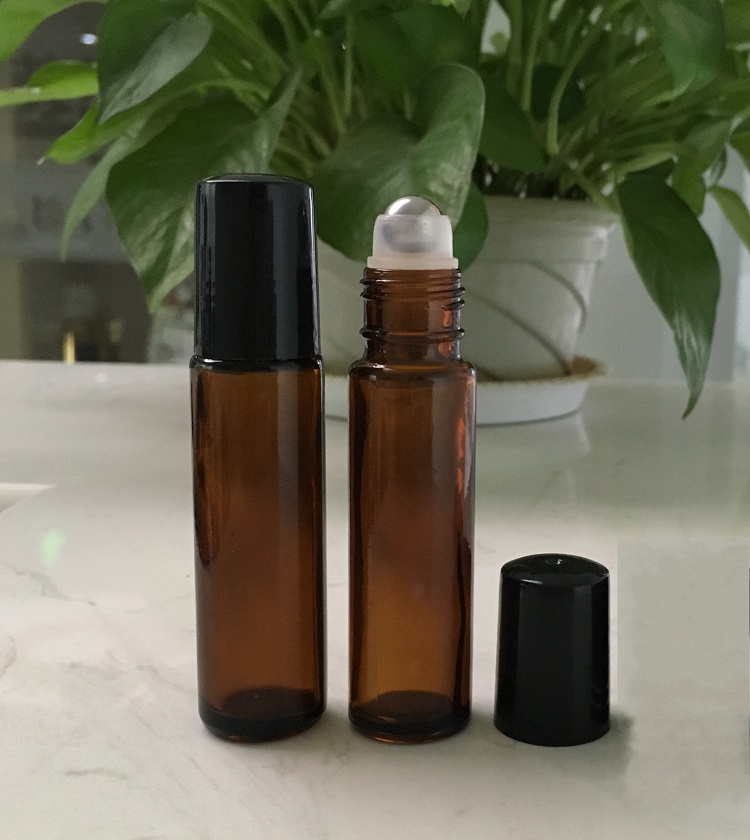 10ml 1/3 oz amber frosted essential oil glass roll on bottle with glass steel roller ball