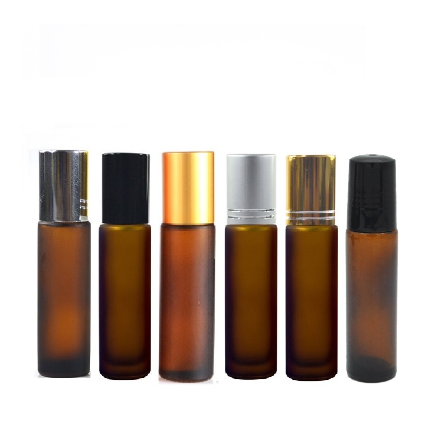 10ml 1/3 oz amber frosted essential oil glass roll on bottle with glass steel roller ball