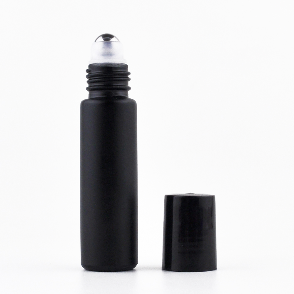 10ml 1/3 oz matte black glass roll on empty perfume bottle with stainless steel roller ball in stock