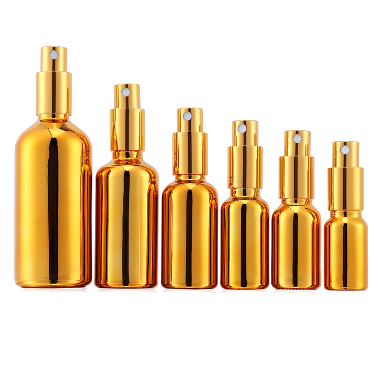 10ml 15ml 20ml 30ml 50ml 100ml Electroplated Gold Essential Oil Bottle for skin care with lotion and spray pump