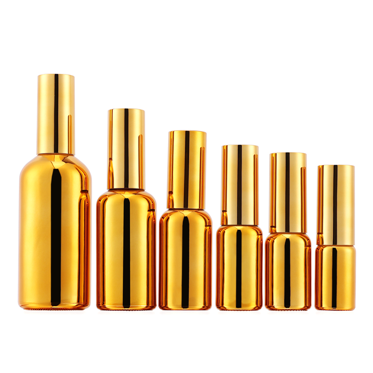 10ml 15ml 20ml 30ml 50ml 100ml Electroplated Gold Essential Oil Bottle for skin care with lotion and spray pump