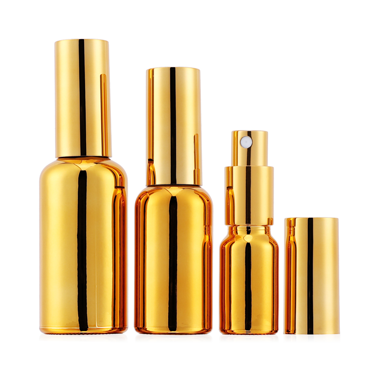 10ml 15ml 20ml 30ml 50ml 100ml Electroplated Gold Essential Oil Bottle for skin care with lotion and spray pump