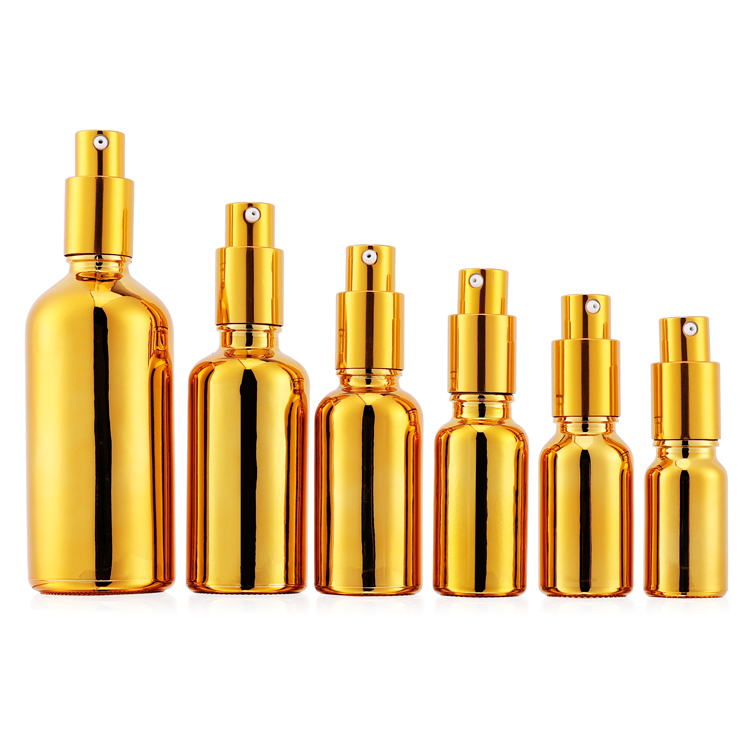 10ml 15ml 20ml 30ml 50ml 100ml Electroplated Gold Essential Oil Bottle for skin care with lotion and spray pump