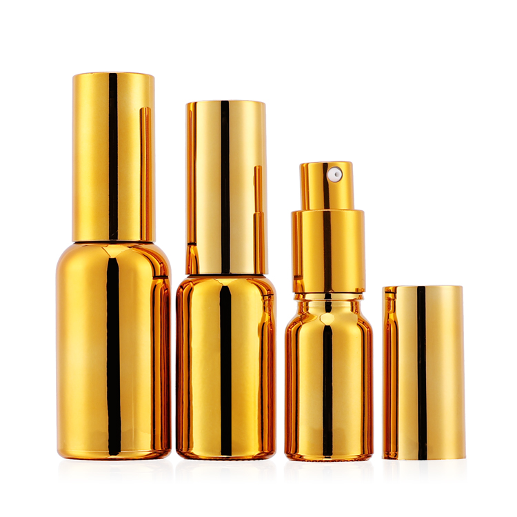 10ml 15ml 20ml 30ml 50ml 100ml Electroplated Gold Essential Oil Bottle for skin care with lotion and spray pump