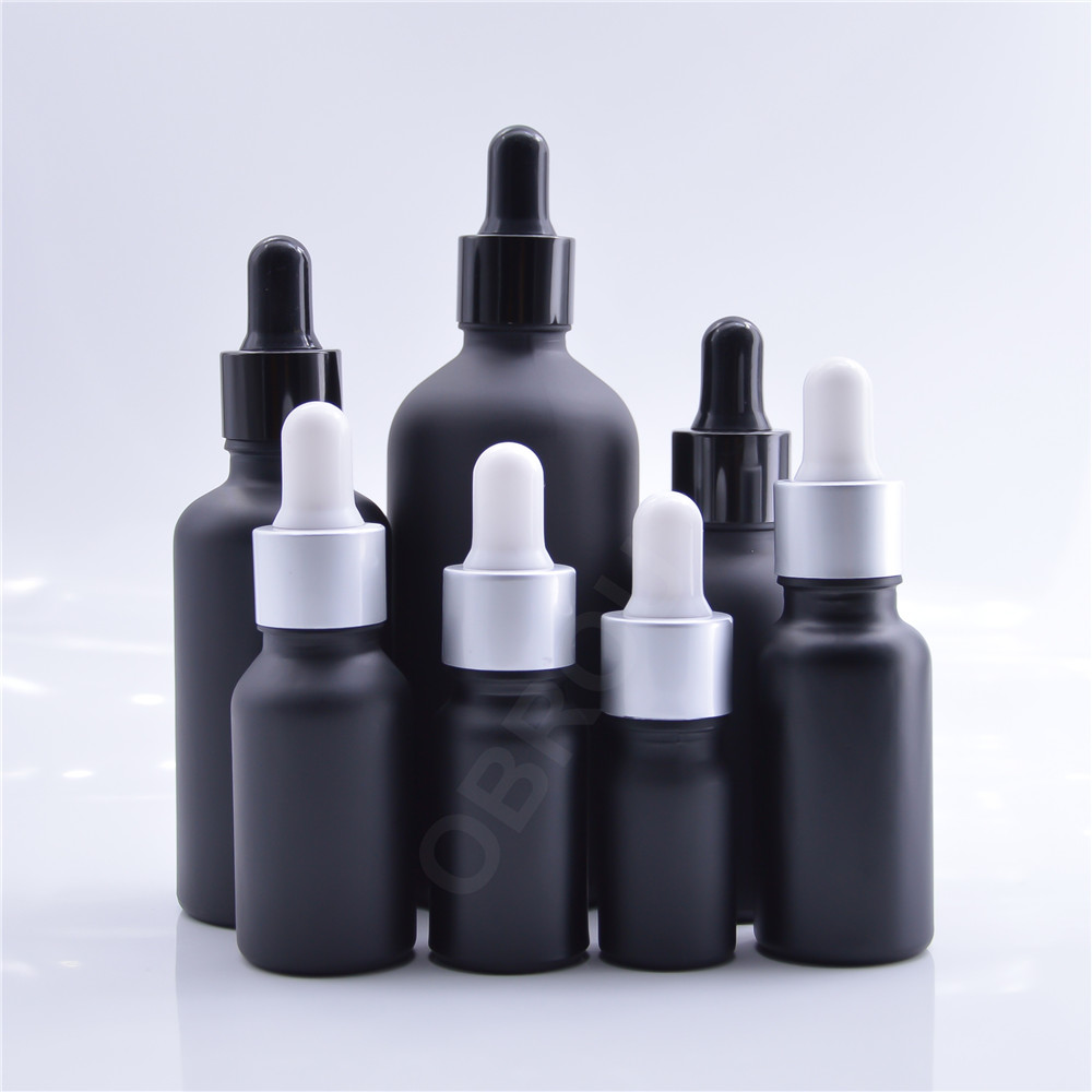 10ml 15ml 20ml 30ml 50ml 100ml Empty Oil Bottle Matte Black Glass Dropper Bottle with Silver Dropper Cap Fast Shipping