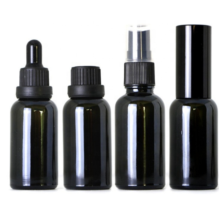 10ml 15ml 20ml 30ml 50ml 100ml Glossy Black Boston Round Essential Oil Glass Bottles with Pipette Droppers Orifice Reducers