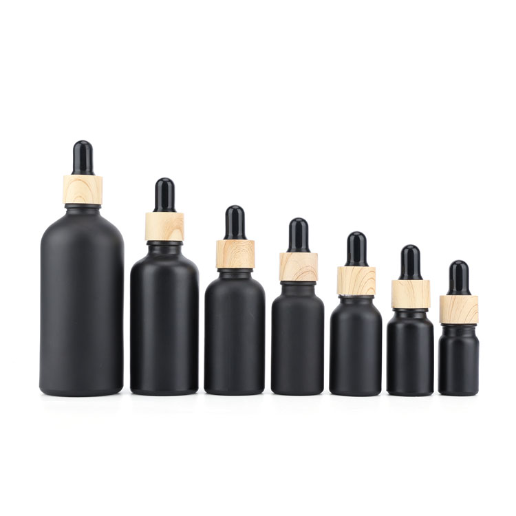 10ml 15ml 20ml 30ml 50ml 100ml frosted matte black round essential oil glass dropper bottle with gold dropper