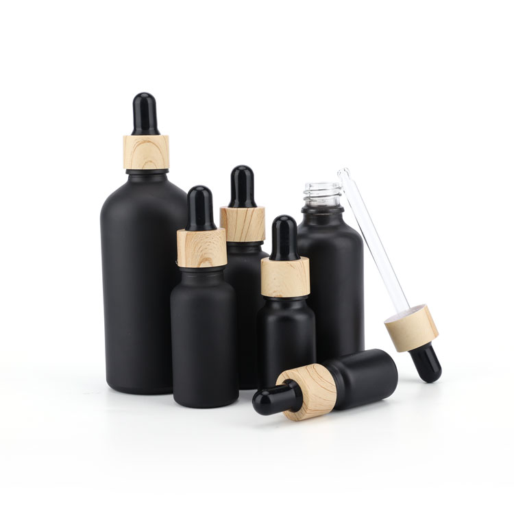 10ml 15ml 20ml 30ml 50ml 100ml frosted matte black round essential oil glass dropper bottle with gold dropper