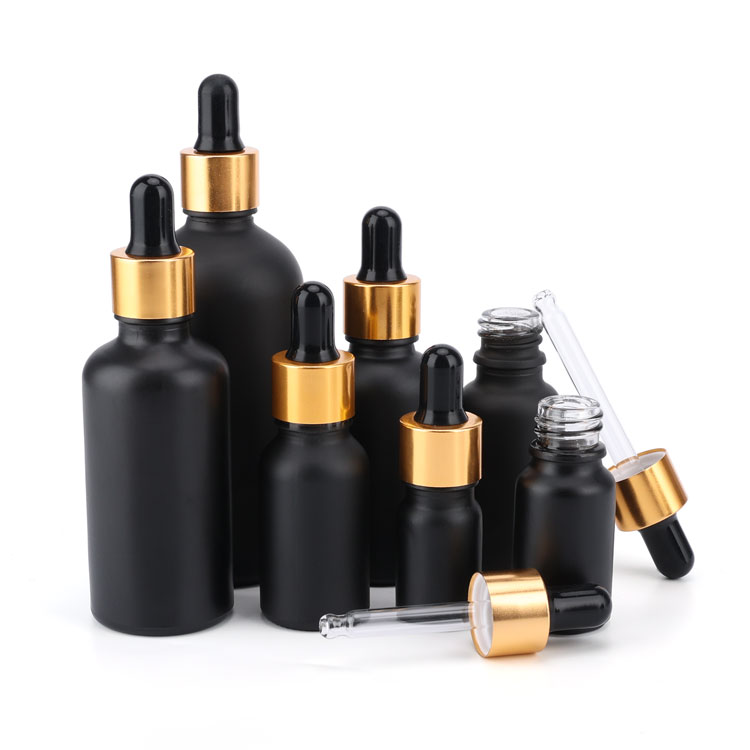 10ml 15ml 20ml 30ml 50ml 100ml frosted matte black round essential oil glass dropper bottle with gold dropper