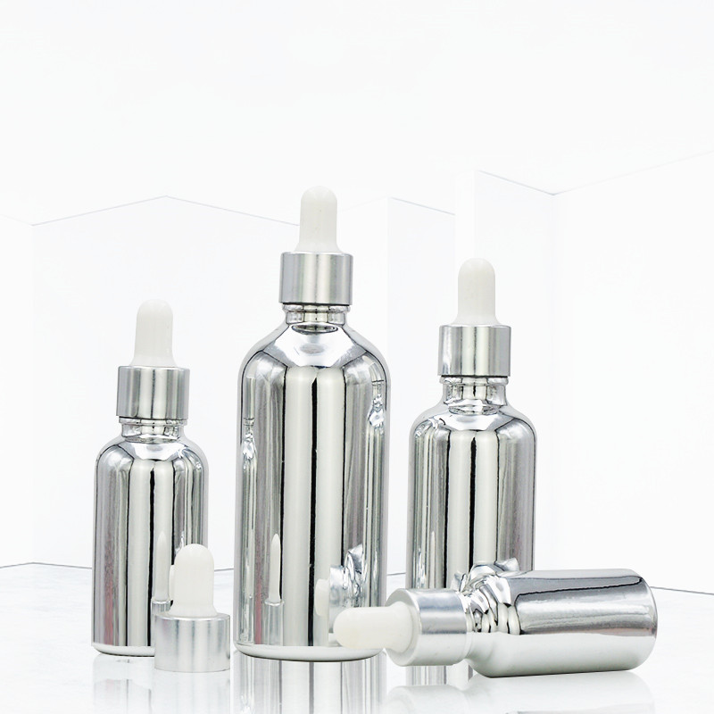 10ml 15ml 20ml 30ml 50ml 100ml silver electroplating glass e liquid essential oil bottle with silver metal cap