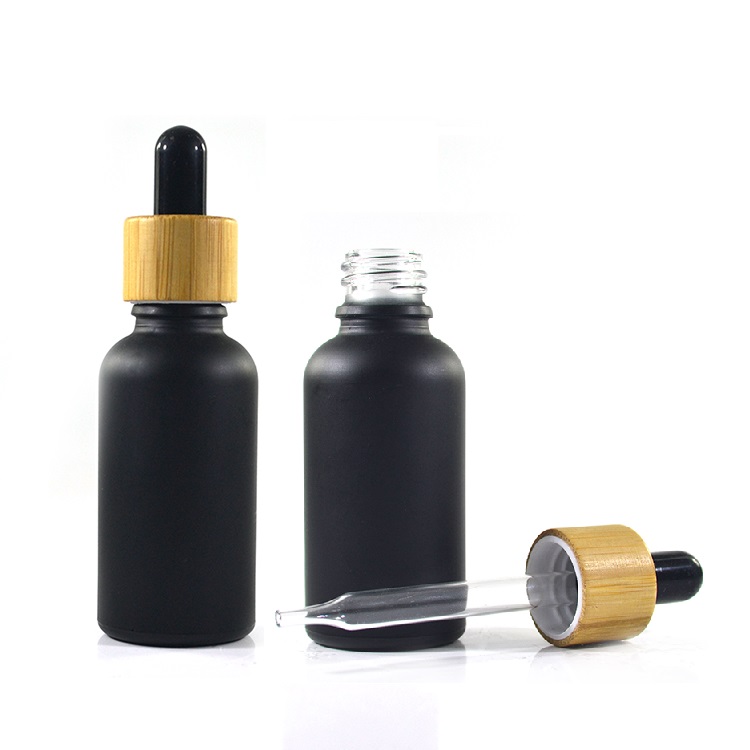 10ml 15ml 20ml 30ml 50ml 60ml 100ml Frosted matte Black Glass Dropper Bottle with Bamboo wood cap
