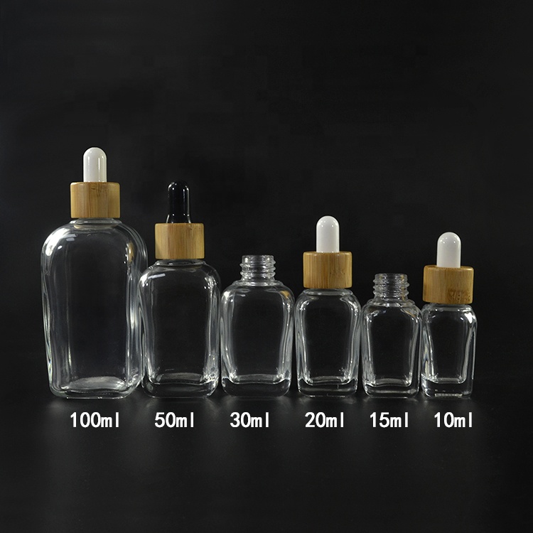 10ml 15ml 20ml 30ml 50ml 60ml 100ml clear amber french square glass bottles with bamboo wood dropper lid