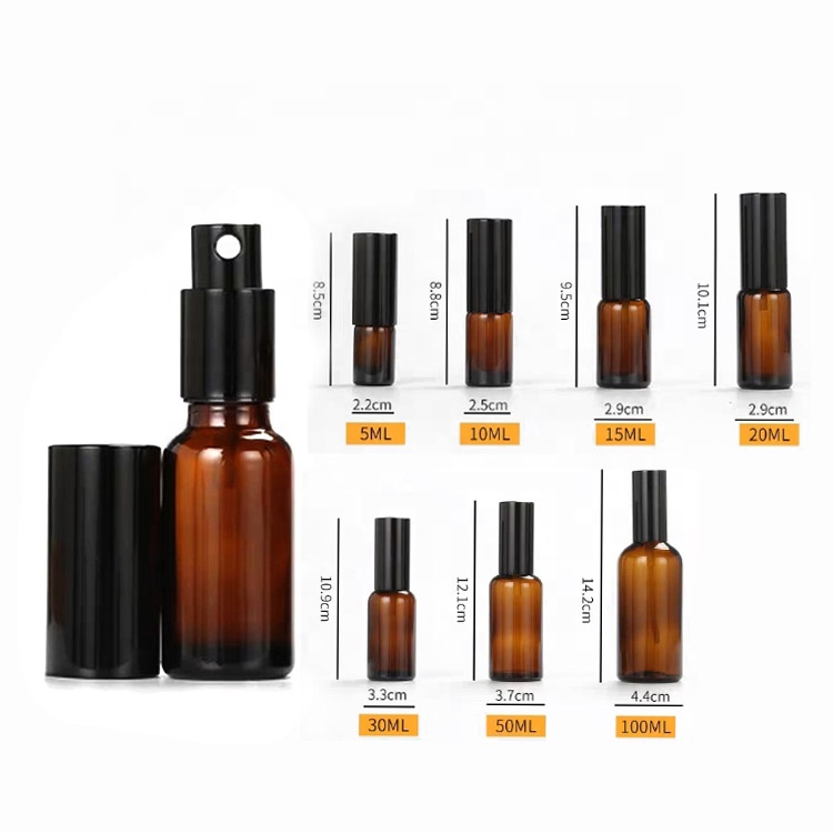 10ml 15ml 20ml 30ml 50ml round amber glass spray bottle with pump spray