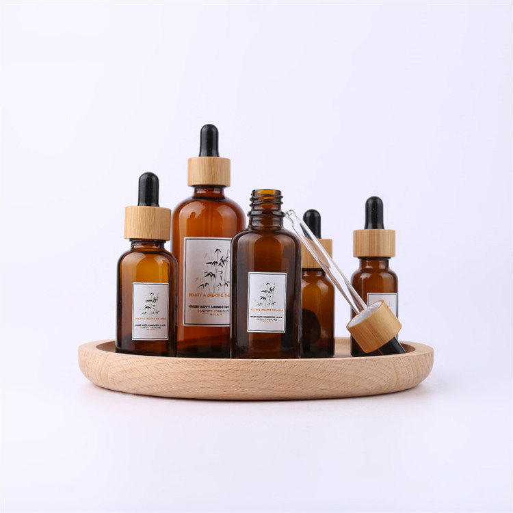 10ml 15ml 30ml 50ml Bamboo Top Amber Essential Oil Glass Dropper Bottle with Dropper and Your Logo