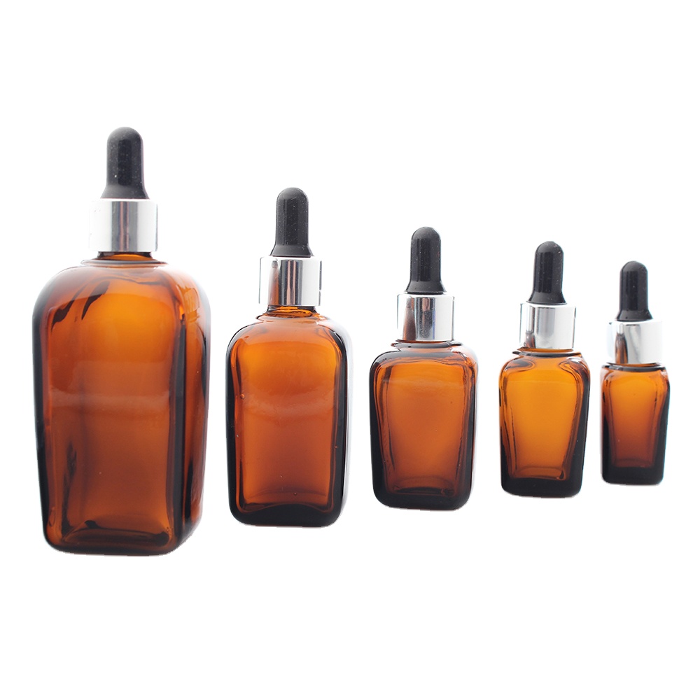 10ml 20ml 30ml 50ml 100ml Airless Square Amber Glass Essential Oil Bottles Glass Dropper Bottles