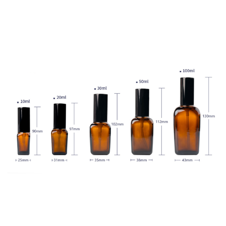 10ml 20ml 30ml 50ml 100ml amber brown color glass essential oil bottles square perfume bottles with black spray lid