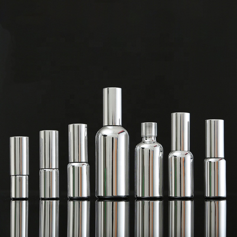 10ml 20ml 30ml 50ml 100ml shiny UV electroplate silver cosmetic Essential Oil Glass Dropper Bottle