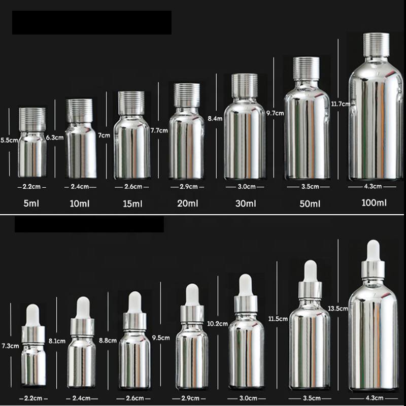 10ml 20ml 30ml 50ml 100ml shiny UV electroplate silver cosmetic Essential Oil Glass Dropper Bottle