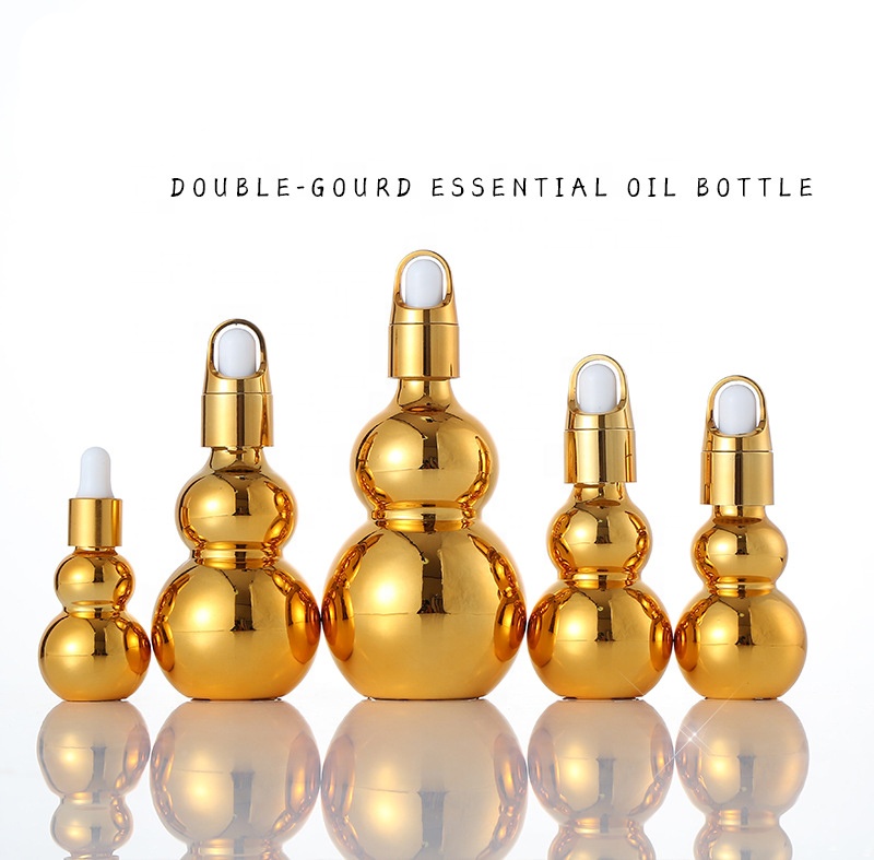 10ml 20ml 30ml 50ml 100ml shiny electroplate gold Gourd Bottle Essential Oil Bottle Flower Basket Lid Glass Dropper Bottle
